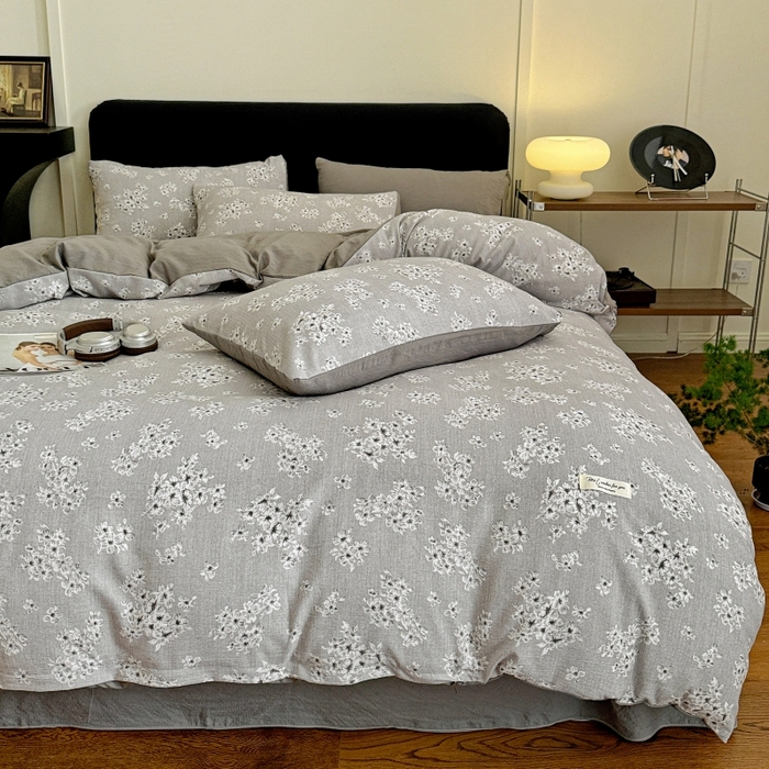 91家纺网 家纺一手货源 找家纺 金梦拉家纺 2025秋冬爆款新品高克重加厚原麻亚麻皱皱纱印花四件套 灰调