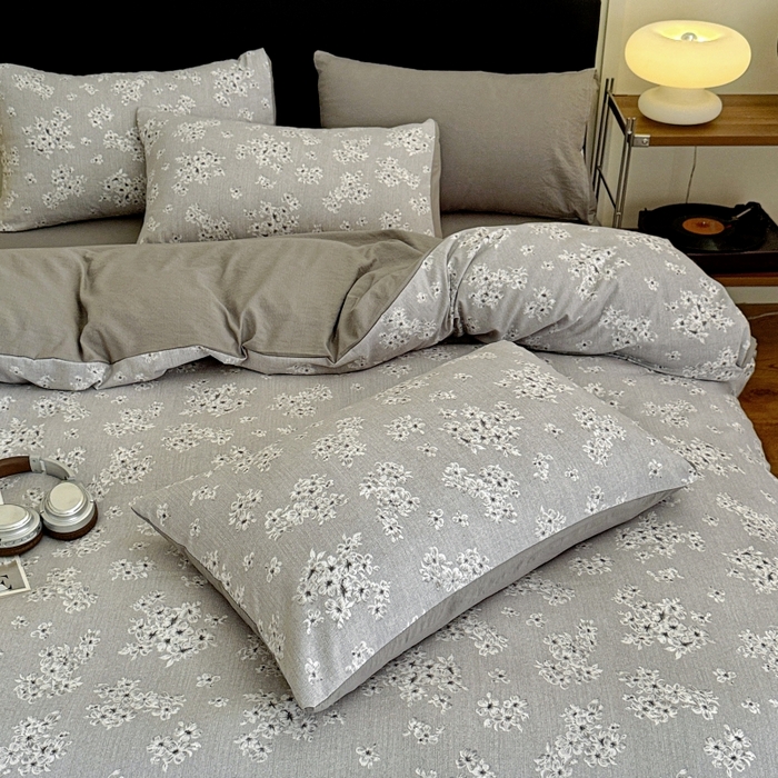 91家纺网 家纺一手货源 找家纺 金梦拉家纺 2025秋冬爆款新品高克重加厚原麻亚麻皱皱纱印花四件套 灰调