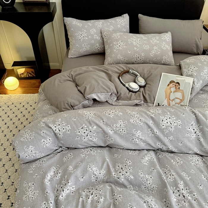 91家纺网 家纺一手货源 找家纺 金梦拉家纺 2025秋冬爆款新品高克重加厚原麻亚麻皱皱纱印花四件套 灰调