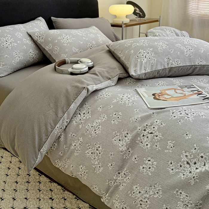 91家纺网 家纺一手货源 找家纺 金梦拉家纺 2025秋冬爆款新品高克重加厚原麻亚麻皱皱纱印花四件套 灰调