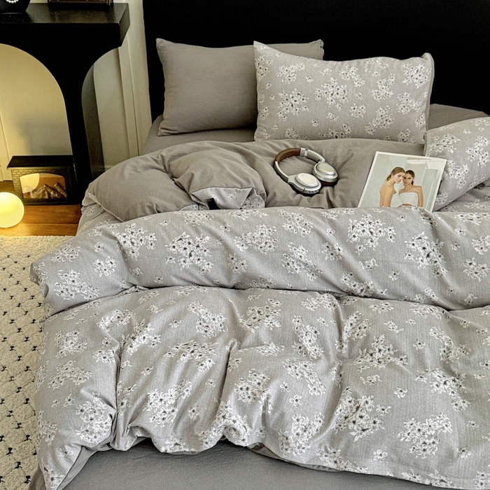 91家纺网 家纺一手货源 找家纺 金梦拉家纺 2025秋冬爆款新品高克重加厚原麻亚麻皱皱纱印花四件套 灰调