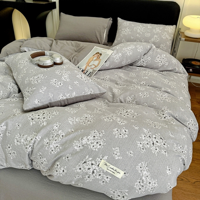 91家纺网 家纺一手货源 找家纺 金梦拉家纺 2025秋冬爆款新品高克重加厚原麻亚麻皱皱纱印花四件套 灰调