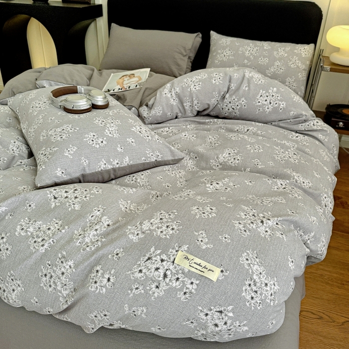 91家纺网 家纺一手货源 找家纺 金梦拉家纺 2025秋冬爆款新品高克重加厚原麻亚麻皱皱纱印花四件套 灰调