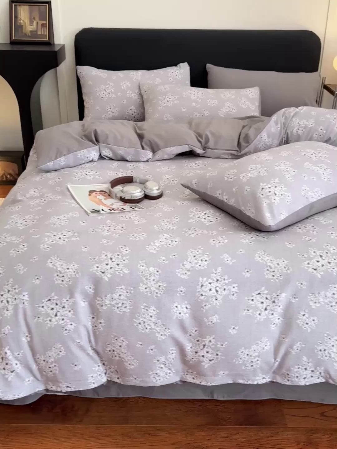 91家纺网 家纺一手货源 找家纺 金梦拉家纺 2025秋冬爆款新品高克重加厚原麻亚麻皱皱纱印花四件套 灰调