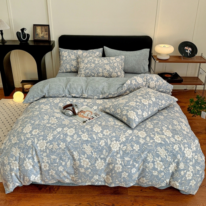 91家纺网 家纺一手货源 找家纺 金梦拉家纺 2025秋冬爆款新品高克重加厚原麻亚麻皱皱纱印花四件套 兰兮