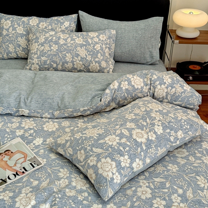 91家纺网 家纺一手货源 找家纺 金梦拉家纺 2025秋冬爆款新品高克重加厚原麻亚麻皱皱纱印花四件套 兰兮