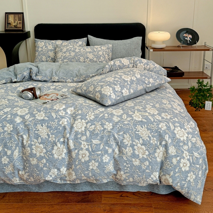 91家纺网 家纺一手货源 找家纺 金梦拉家纺 2025秋冬爆款新品高克重加厚原麻亚麻皱皱纱印花四件套 兰兮