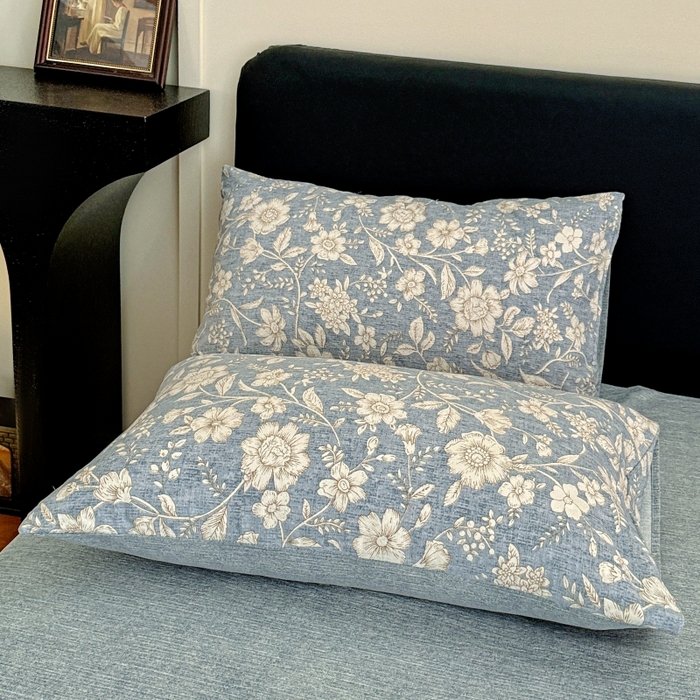 91家纺网 家纺一手货源 找家纺 金梦拉家纺 2025秋冬爆款新品高克重加厚原麻亚麻皱皱纱印花四件套 兰兮