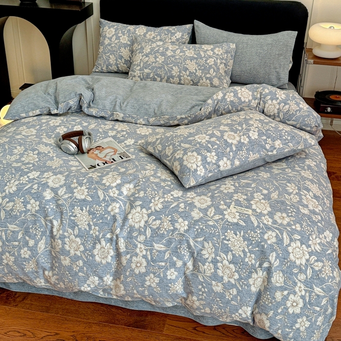 91家纺网 家纺一手货源 找家纺 金梦拉家纺 2025秋冬爆款新品高克重加厚原麻亚麻皱皱纱印花四件套 兰兮