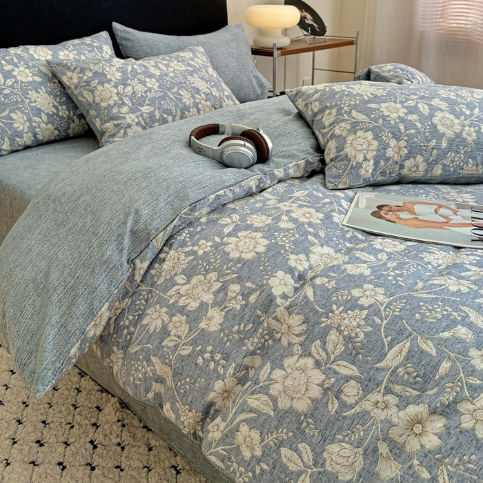 91家纺网 家纺一手货源 找家纺 金梦拉家纺 2025秋冬爆款新品高克重加厚原麻亚麻皱皱纱印花四件套 兰兮