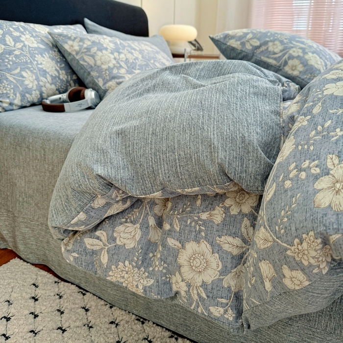 91家纺网 家纺一手货源 找家纺 金梦拉家纺 2025秋冬爆款新品高克重加厚原麻亚麻皱皱纱印花四件套 兰兮