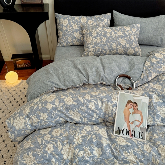 91家纺网 家纺一手货源 找家纺 金梦拉家纺 2025秋冬爆款新品高克重加厚原麻亚麻皱皱纱印花四件套 兰兮