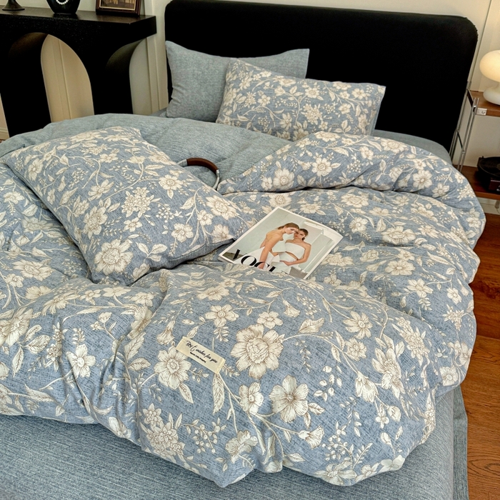 91家纺网 家纺一手货源 找家纺 金梦拉家纺 2025秋冬爆款新品高克重加厚原麻亚麻皱皱纱印花四件套 兰兮