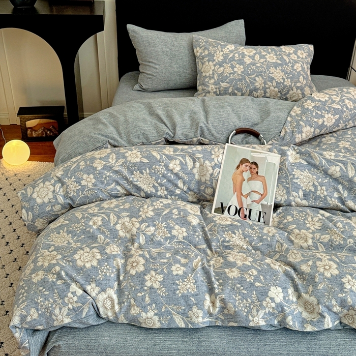 91家纺网 家纺一手货源 找家纺 金梦拉家纺 2025秋冬爆款新品高克重加厚原麻亚麻皱皱纱印花四件套 兰兮