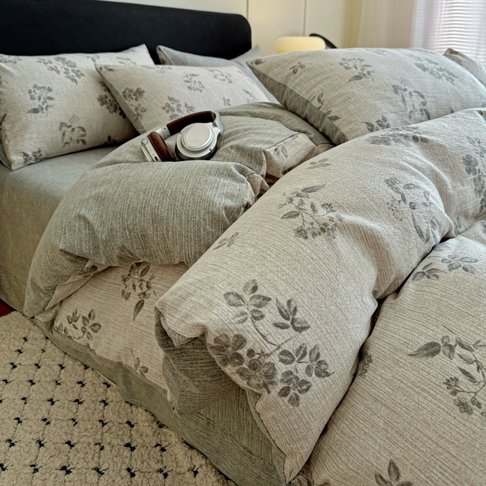 金梦拉家纺 2025秋冬爆款新品高克重加厚原麻亚麻皱皱纱印花四件套 篱落