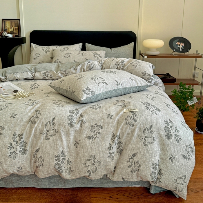 91家纺网 家纺一手货源 找家纺 金梦拉家纺 2025秋冬爆款新品高克重加厚原麻亚麻皱皱纱印花四件套 篱落