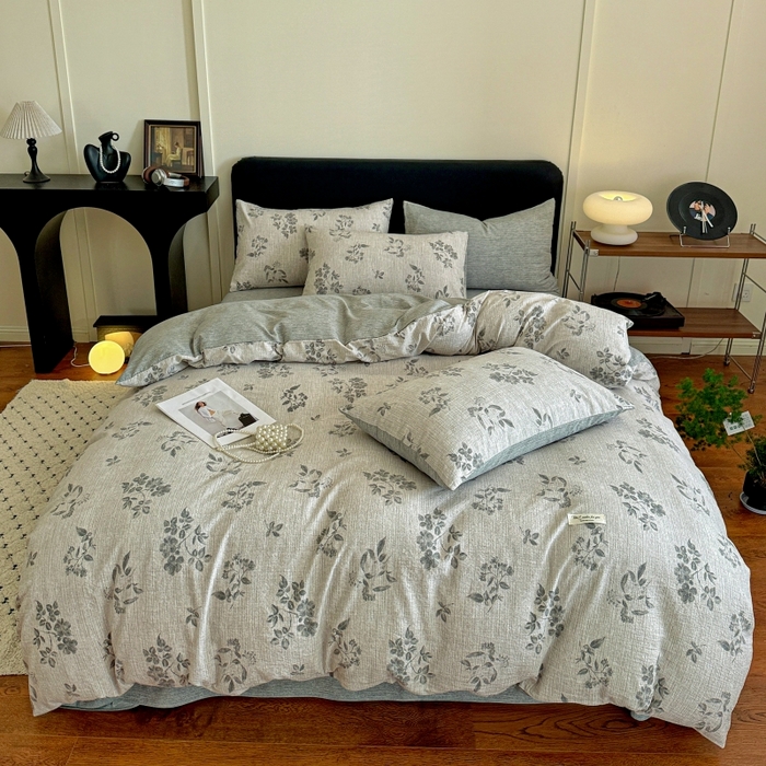 91家纺网 家纺一手货源 找家纺 金梦拉家纺 2025秋冬爆款新品高克重加厚原麻亚麻皱皱纱印花四件套 篱落