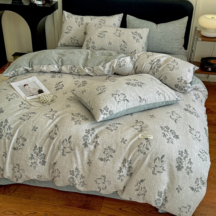 91家纺网 家纺一手货源 找家纺 金梦拉家纺 2025秋冬爆款新品高克重加厚原麻亚麻皱皱纱印花四件套 篱落