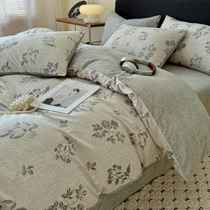 91家纺网 家纺一手货源 找家纺 金梦拉家纺 2025秋冬爆款新品高克重加厚原麻亚麻皱皱纱印花四件套 篱落