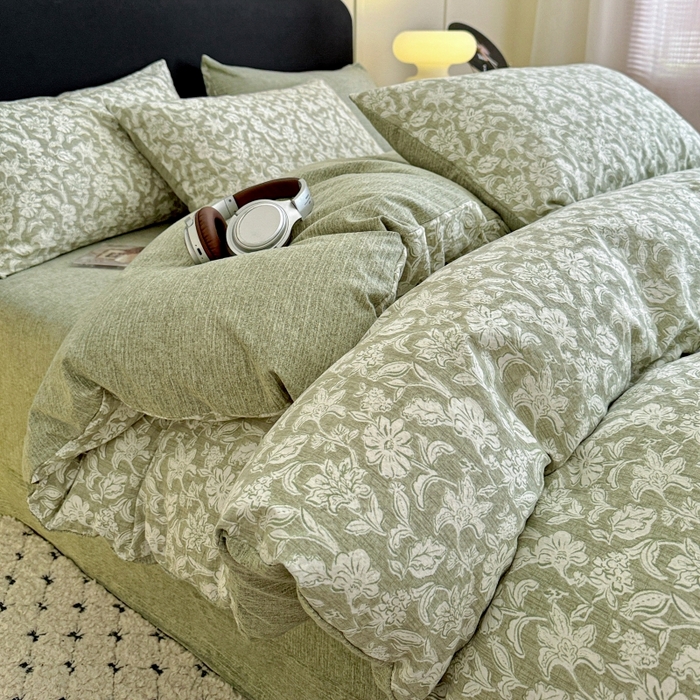 金梦拉家纺 2025秋冬爆款新品高克重加厚原麻亚麻皱皱纱印花四件套 绿意