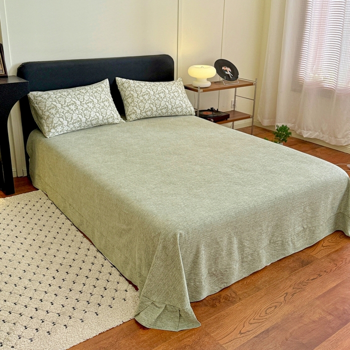 91家纺网 家纺一手货源 找家纺 金梦拉家纺 2025秋冬爆款新品高克重加厚原麻亚麻皱皱纱印花四件套 绿意