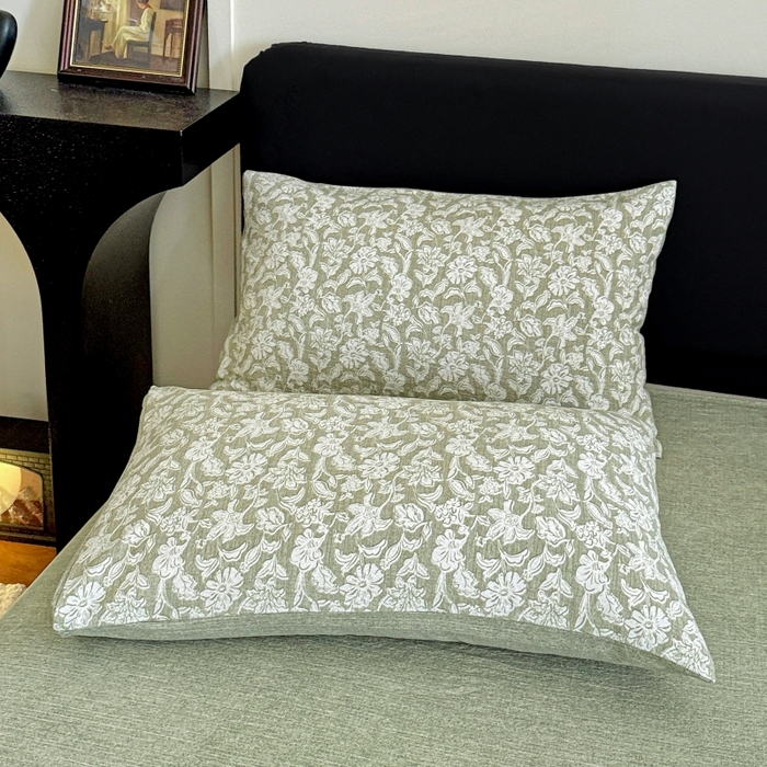 91家纺网 家纺一手货源 找家纺 金梦拉家纺 2025秋冬爆款新品高克重加厚原麻亚麻皱皱纱印花四件套 绿意