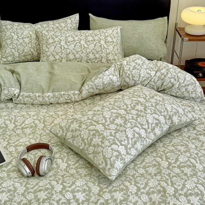 91家纺网 家纺一手货源 找家纺 金梦拉家纺 2025秋冬爆款新品高克重加厚原麻亚麻皱皱纱印花四件套 绿意