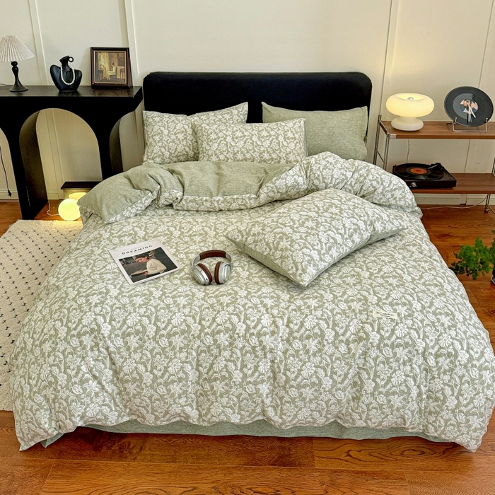 91家纺网 家纺一手货源 找家纺 金梦拉家纺 2025秋冬爆款新品高克重加厚原麻亚麻皱皱纱印花四件套 绿意