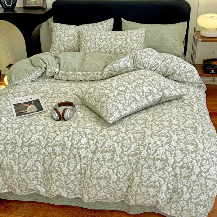 91家纺网 家纺一手货源 找家纺 金梦拉家纺 2025秋冬爆款新品高克重加厚原麻亚麻皱皱纱印花四件套 绿意