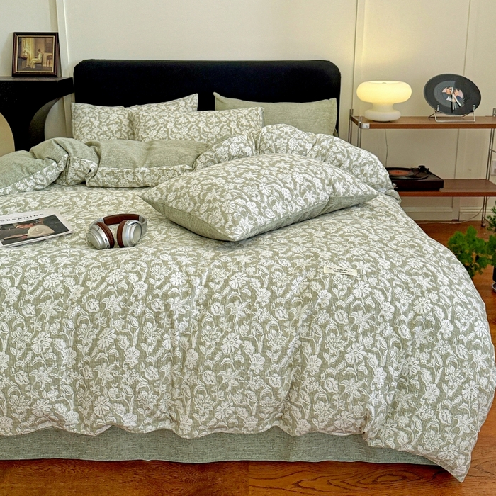 91家纺网 家纺一手货源 找家纺 金梦拉家纺 2025秋冬爆款新品高克重加厚原麻亚麻皱皱纱印花四件套 绿意