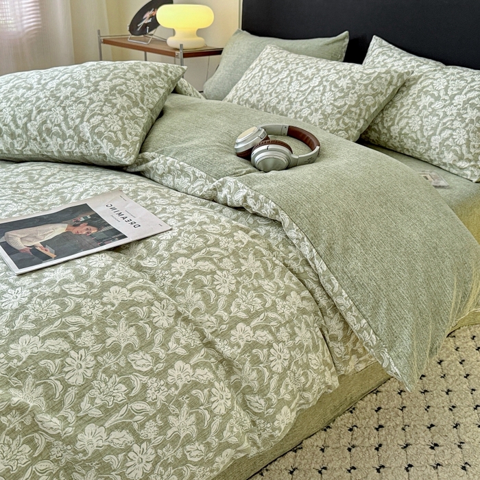 91家纺网 家纺一手货源 找家纺 金梦拉家纺 2025秋冬爆款新品高克重加厚原麻亚麻皱皱纱印花四件套 绿意