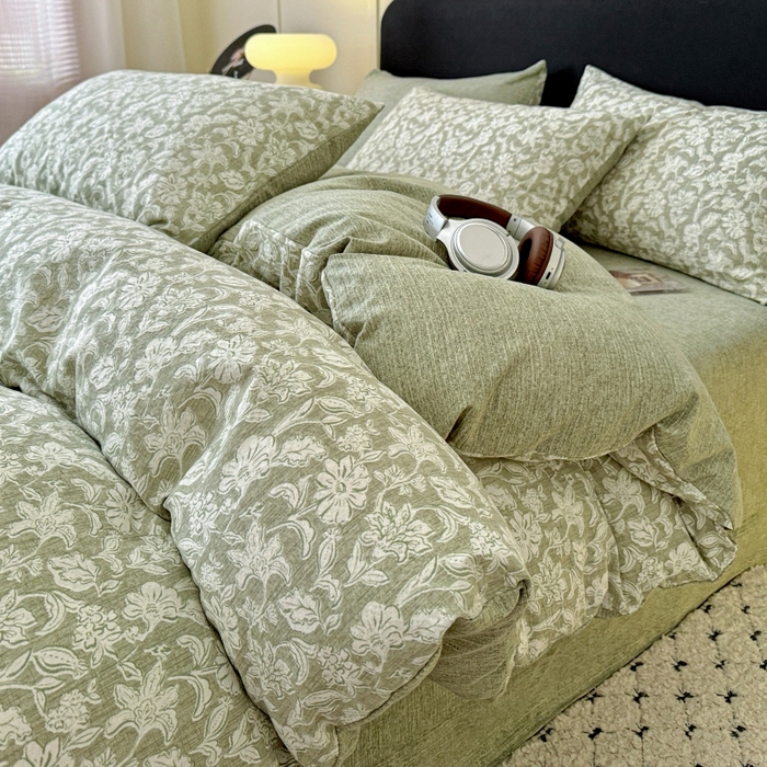 91家纺网 家纺一手货源 找家纺 金梦拉家纺 2025秋冬爆款新品高克重加厚原麻亚麻皱皱纱印花四件套 绿意