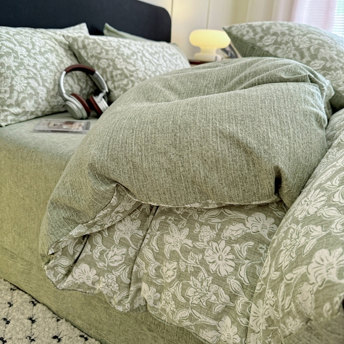 91家纺网 家纺一手货源 找家纺 金梦拉家纺 2025秋冬爆款新品高克重加厚原麻亚麻皱皱纱印花四件套 绿意