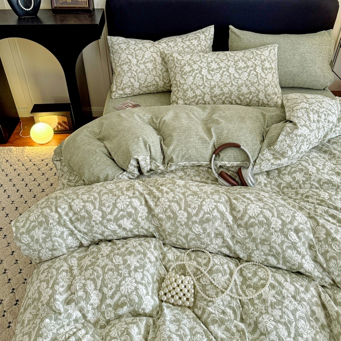 91家纺网 家纺一手货源 找家纺 金梦拉家纺 2025秋冬爆款新品高克重加厚原麻亚麻皱皱纱印花四件套 绿意