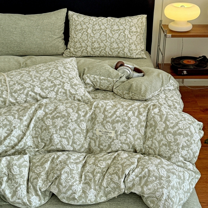 91家纺网 家纺一手货源 找家纺 金梦拉家纺 2025秋冬爆款新品高克重加厚原麻亚麻皱皱纱印花四件套 绿意