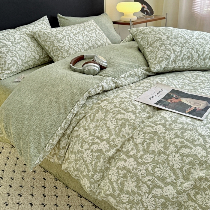 91家纺网 家纺一手货源 找家纺 金梦拉家纺 2025秋冬爆款新品高克重加厚原麻亚麻皱皱纱印花四件套 绿意