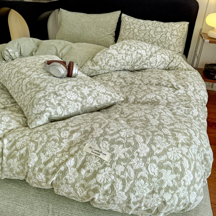 91家纺网 家纺一手货源 找家纺 金梦拉家纺 2025秋冬爆款新品高克重加厚原麻亚麻皱皱纱印花四件套 绿意