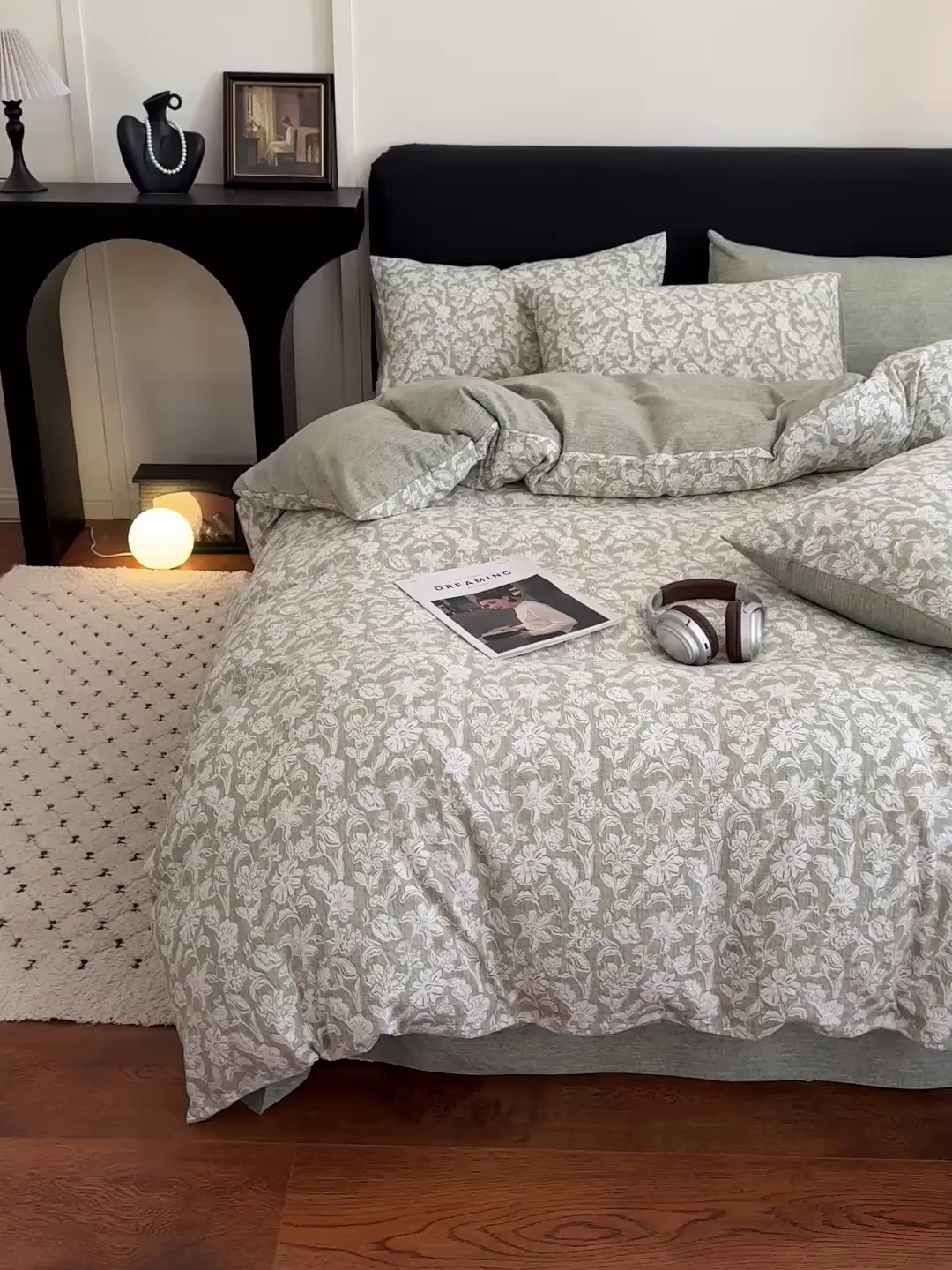 91家纺网 家纺一手货源 找家纺 金梦拉家纺 2025秋冬爆款新品高克重加厚原麻亚麻皱皱纱印花四件套 绿意