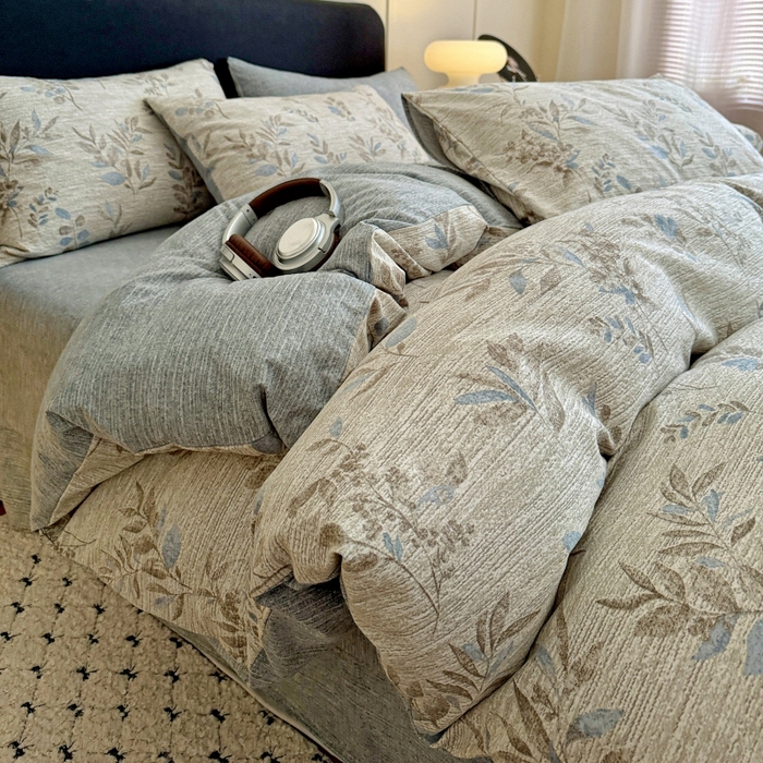 金梦拉家纺 2025秋冬爆款新品高克重加厚原麻亚麻皱皱纱印花四件套 蔓叶兰