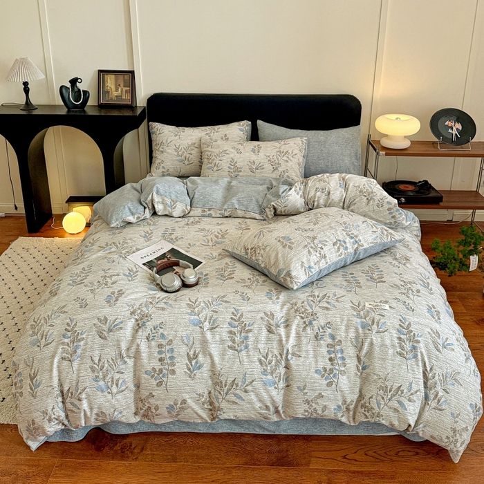 91家纺网 家纺一手货源 找家纺 金梦拉家纺 2025秋冬爆款新品高克重加厚原麻亚麻皱皱纱印花四件套 蔓叶兰