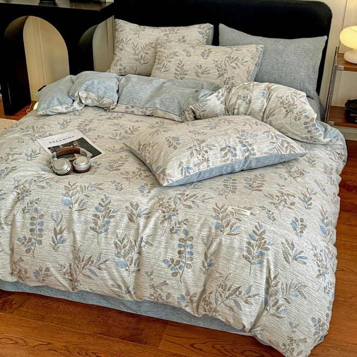 91家纺网 家纺一手货源 找家纺 金梦拉家纺 2025秋冬爆款新品高克重加厚原麻亚麻皱皱纱印花四件套 蔓叶兰