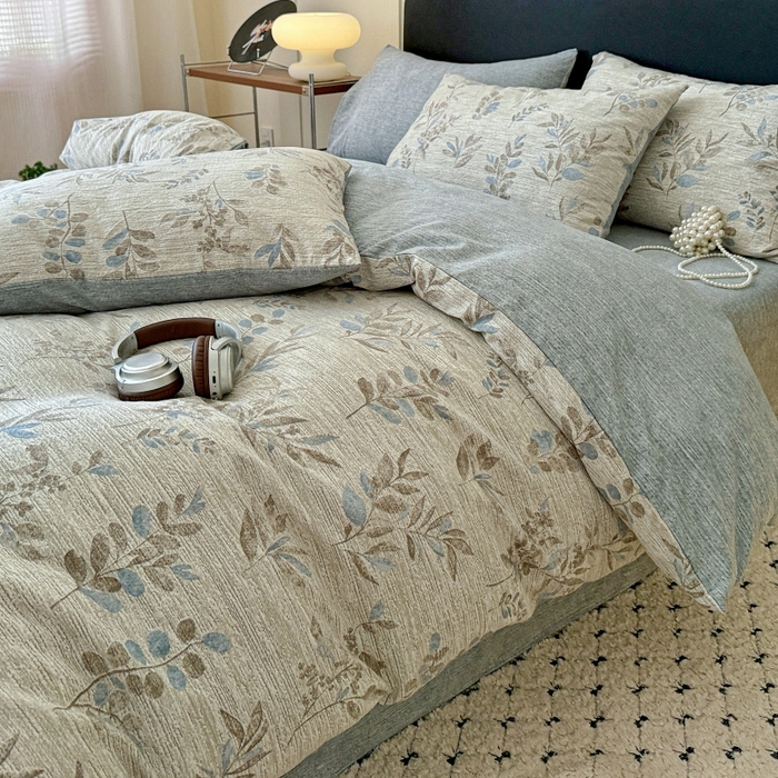 91家纺网 家纺一手货源 找家纺 金梦拉家纺 2025秋冬爆款新品高克重加厚原麻亚麻皱皱纱印花四件套 蔓叶兰