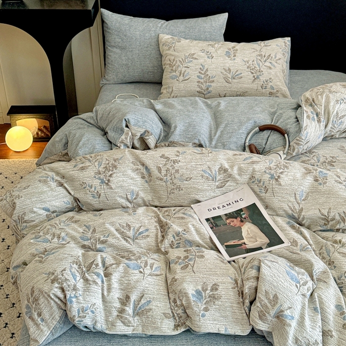 91家纺网 家纺一手货源 找家纺 金梦拉家纺 2025秋冬爆款新品高克重加厚原麻亚麻皱皱纱印花四件套 蔓叶兰