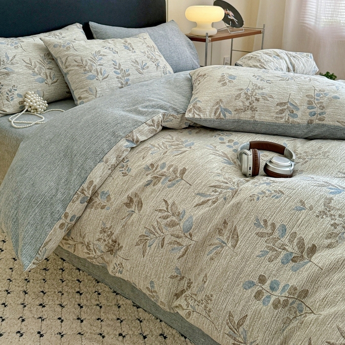 91家纺网 家纺一手货源 找家纺 金梦拉家纺 2025秋冬爆款新品高克重加厚原麻亚麻皱皱纱印花四件套 蔓叶兰