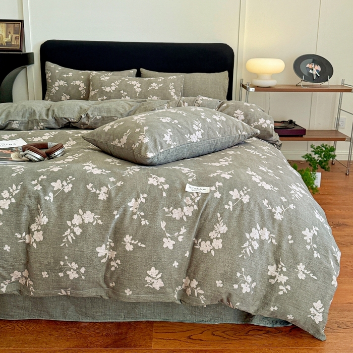 91家纺网 家纺一手货源 找家纺 金梦拉家纺 2025秋冬爆款新品高克重加厚原麻亚麻皱皱纱印花四件套 秘境绿