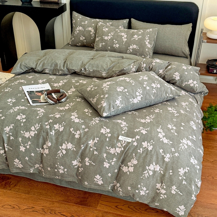 91家纺网 家纺一手货源 找家纺 金梦拉家纺 2025秋冬爆款新品高克重加厚原麻亚麻皱皱纱印花四件套 秘境绿