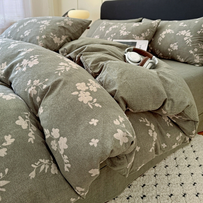 91家纺网 家纺一手货源 找家纺 金梦拉家纺 2025秋冬爆款新品高克重加厚原麻亚麻皱皱纱印花四件套 秘境绿