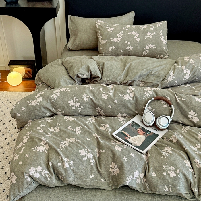 91家纺网 家纺一手货源 找家纺 金梦拉家纺 2025秋冬爆款新品高克重加厚原麻亚麻皱皱纱印花四件套 秘境绿