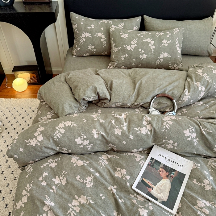 91家纺网 家纺一手货源 找家纺 金梦拉家纺 2025秋冬爆款新品高克重加厚原麻亚麻皱皱纱印花四件套 秘境绿