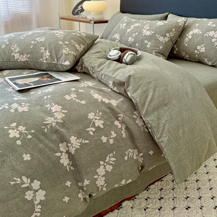 91家纺网 家纺一手货源 找家纺 金梦拉家纺 2025秋冬爆款新品高克重加厚原麻亚麻皱皱纱印花四件套 秘境绿